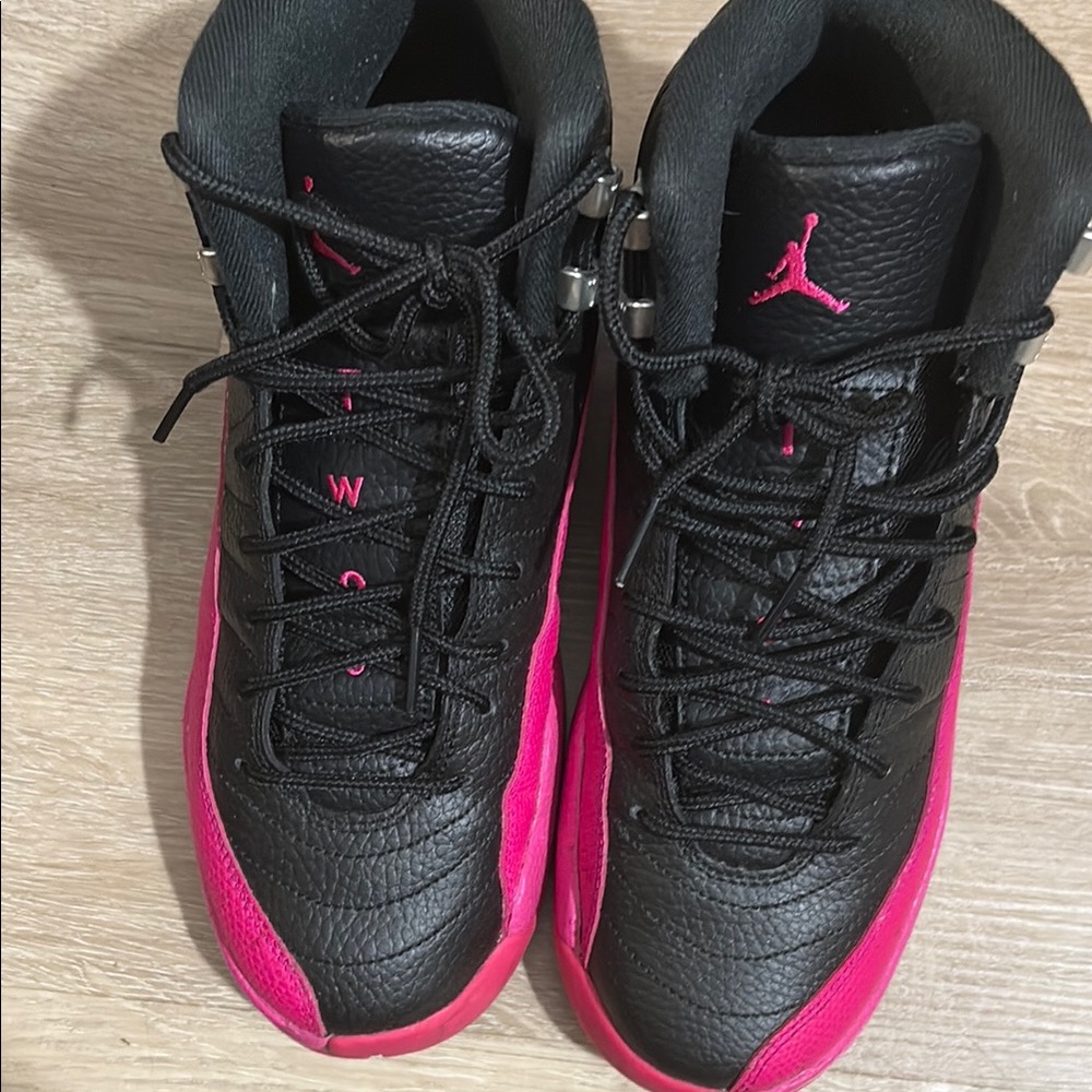 Jordan 12 Kids Black and Pink Sneakers